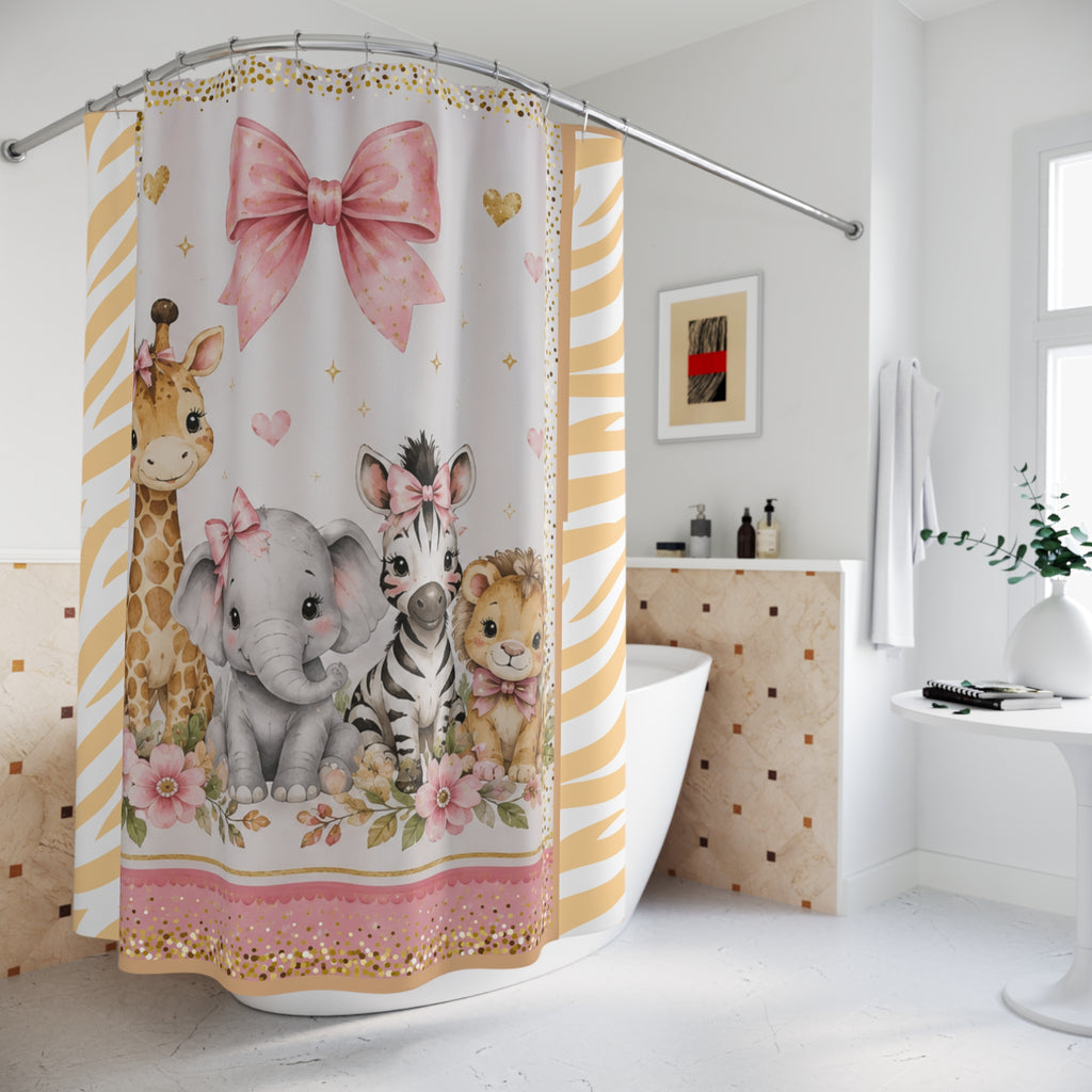 Pink Safari Animals Shower Curtain for Kids | Toddler Bathroom Decor