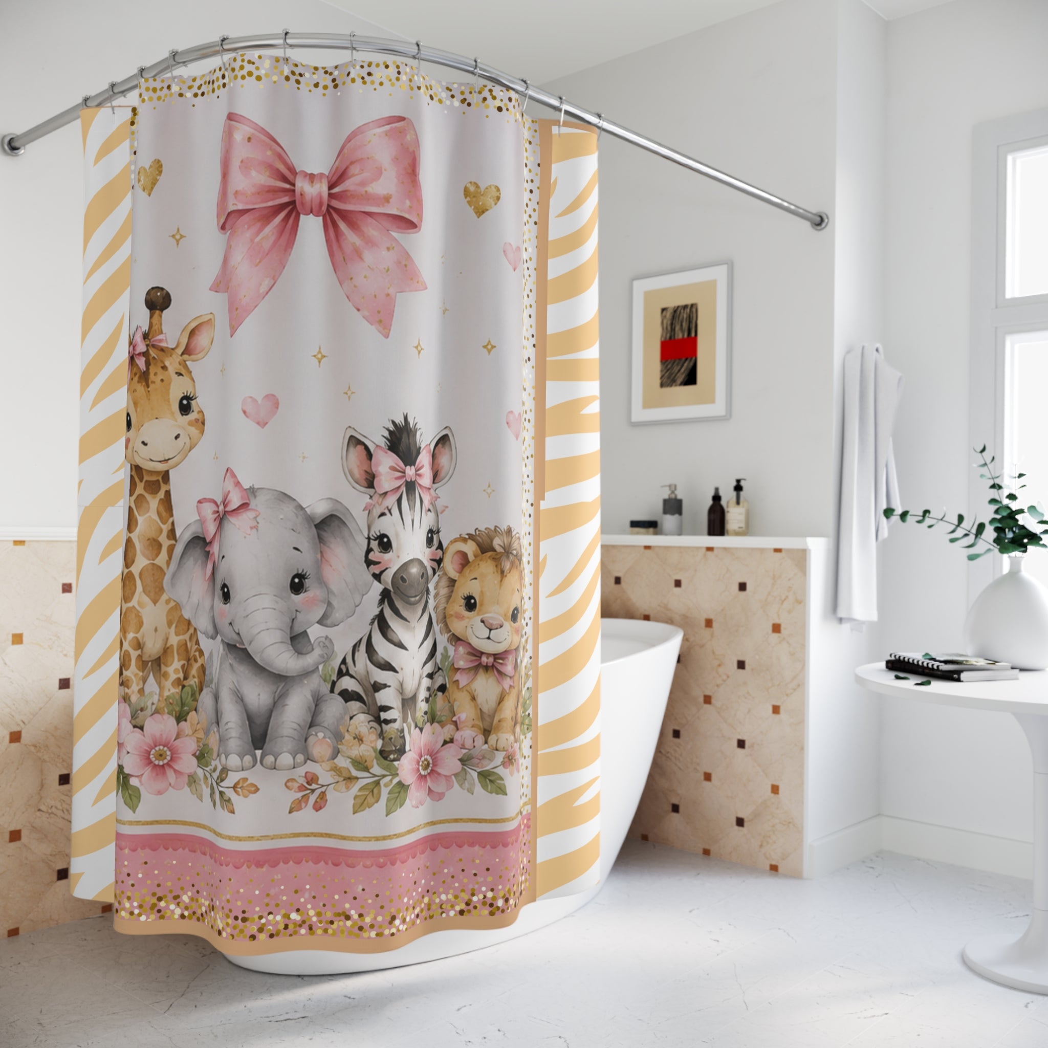 Pink Safari Animals Shower Curtain for Kids | Toddler Bathroom Decor