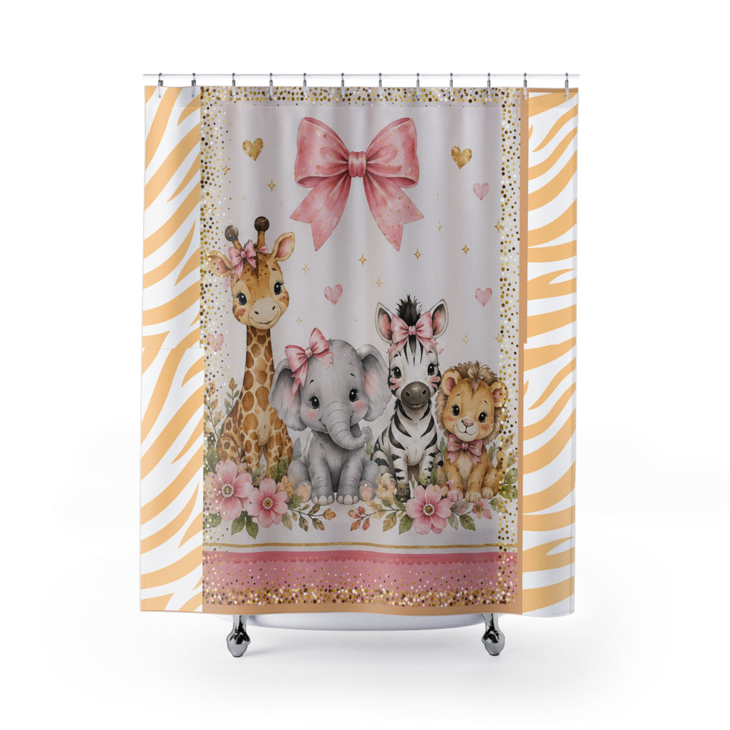 Pink Safari Animals Shower Curtain for Kids | Toddler Bathroom Decor